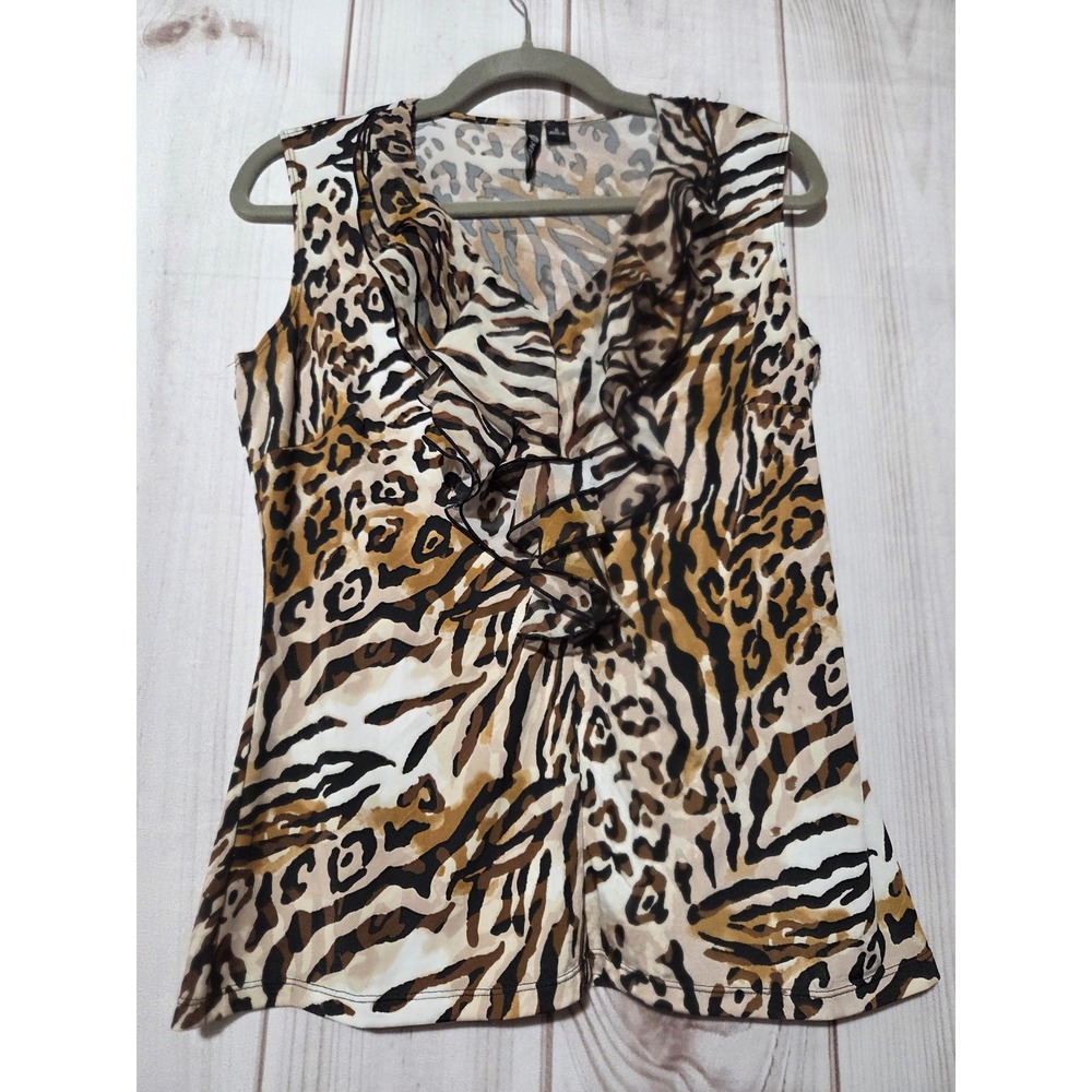 Milano Women Animal Print Ruffleâ V-Neck Sleeveless Top Leopard Tiger Small